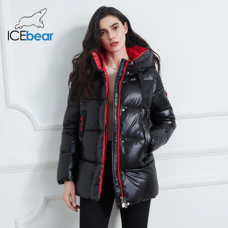 Пуховик зимний женский ICEbear. Куртка теплая удлиненная с капюшоном на биопухе (черный с красной отделкой) - фото 1 - id-p1265734874