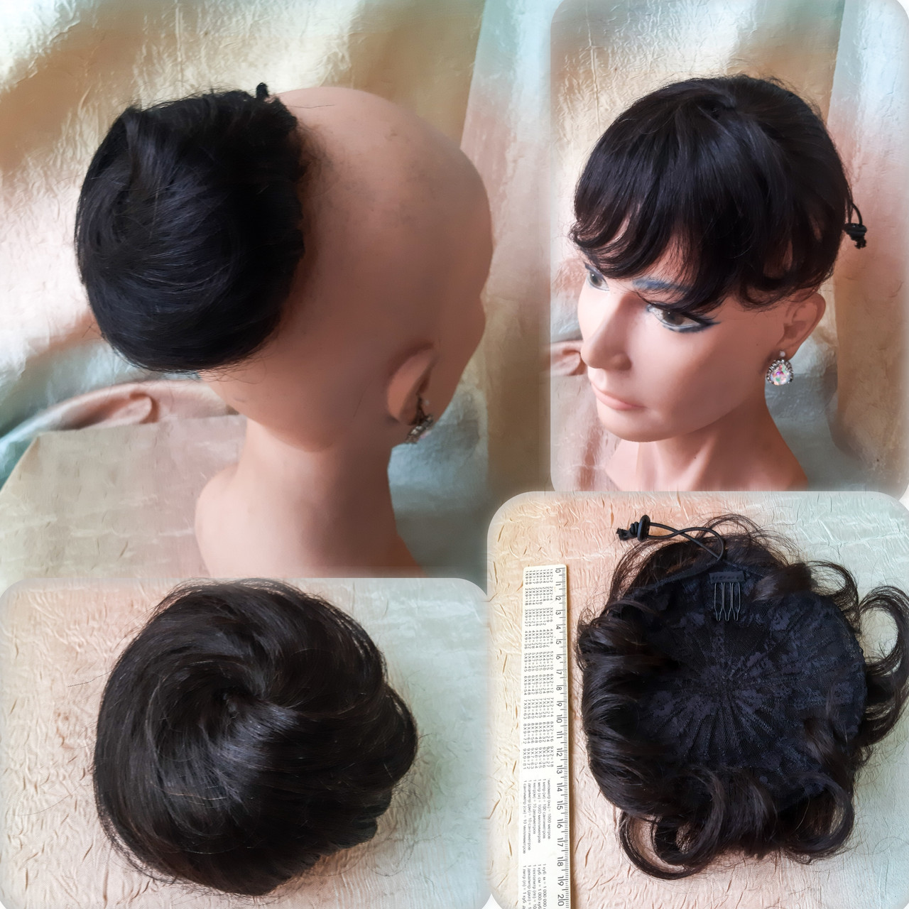 Шиньон з натурального волосся 2в1 гулька накладка чорна SELLI- 1B, фото 1