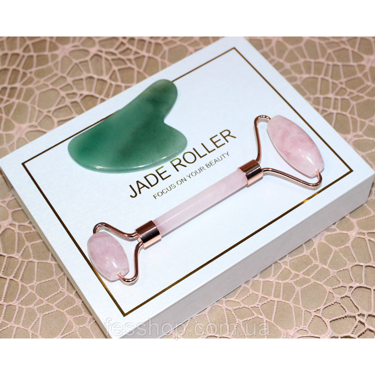 Ролик і скребок для масажу гуаша JADE ROLLER з подарунковою коробкою