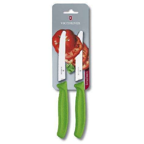 Кухонний ніж Вікторінокс SwissClassic Tomato & Sausage
лезо 11см хвил.з зел.ручкою 2шт (блістер), фото 1