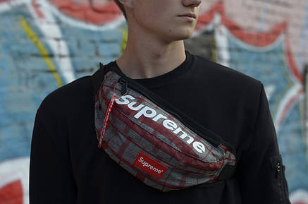 Сумка на пояс Бананка Барыжка Supreme Супрім Gray Сірий з червоною клітиною, фото 3