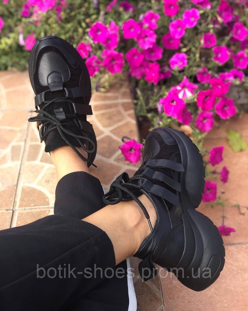 Модні кросівки жіночі з натуральної шкіри замші на платформі весняні осінні легкі зручні міцні якісні 37 розмір чорні MKraFVT 2142