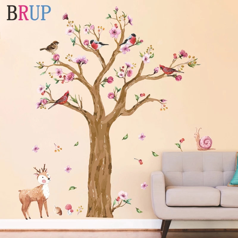 Інтер'єрні вінілові наклейки на стіну, шафи "оленя біля дерева з птахами" 145см*170см (2листа 60*90см)