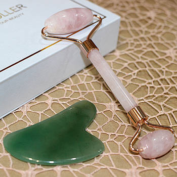 Ролик і скребок для масажу гуаша JADE ROLLER з подарунковою коробкою