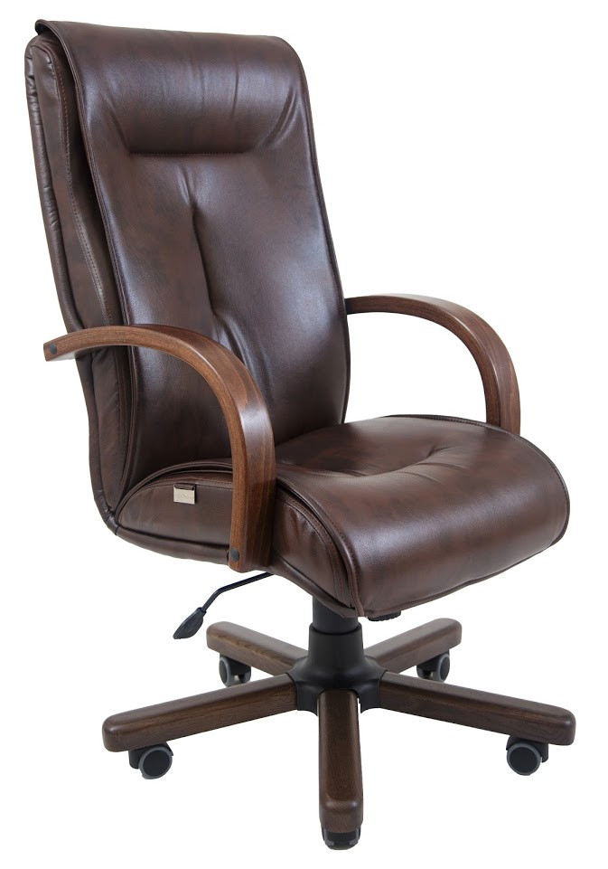 Крісло офісне Бостон Вуд підлокітники дерево горіх механізм Tilt шкірозамінник Титан ДК Браун (Richman ТМ)