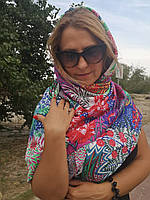 Женский Шелковый платок Молочный красный голубой зеленый. Цветы. 130/130