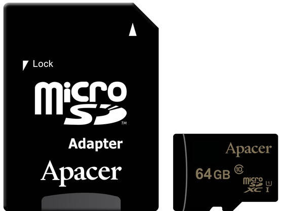 Картка пам'яті APACER MICROSDXC 64 GB UHS-I U1 CLASS 10 (AP64GMCSX10U1-R) + SD Адаптер, фото 1
