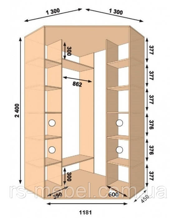 Шафа-купе кутова 1300х1300х2400, 2 двері (Алекса), фото 1