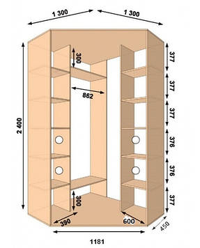 Шафа-купе кутова 1300*1300*2400, 2 двері (Алекса)