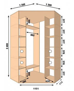Шафа-купе кутова 1300х1300х2400, 2 двері (Алекса)