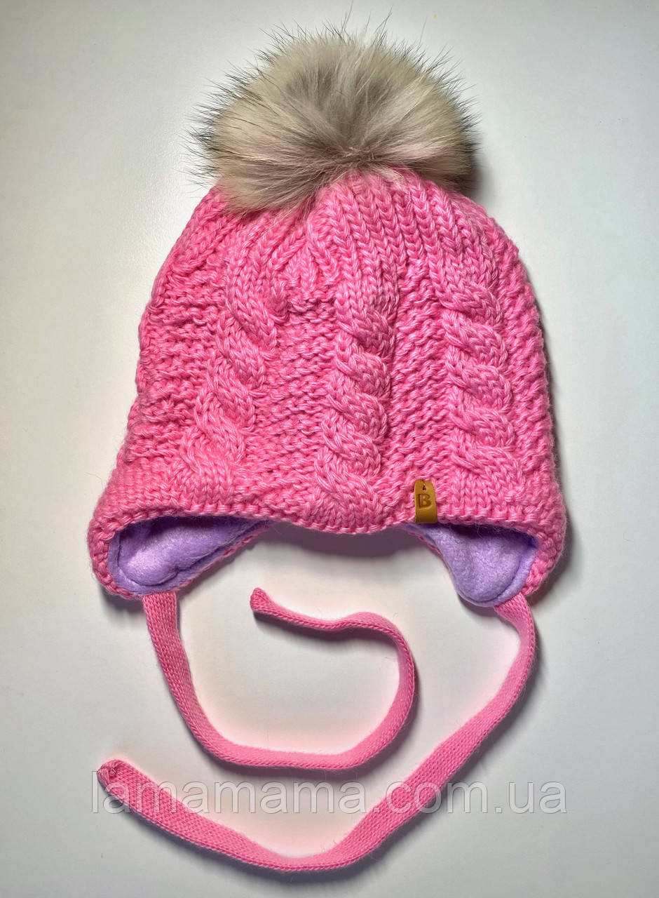 Дитяча зимова шапка на зав'язках з натуральним помпоном Лапсі ог. 48-50, фото 1