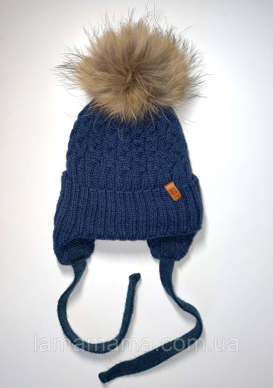 Дитяча зимова шапка на зав'язках з натуральним помпоном Влас джинс, фото 1