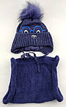 Дитяча в'язана шапка 48-52 розмір Польща тепла з флісом хомутом на зав'язках синя (ШДТ41), фото 2
