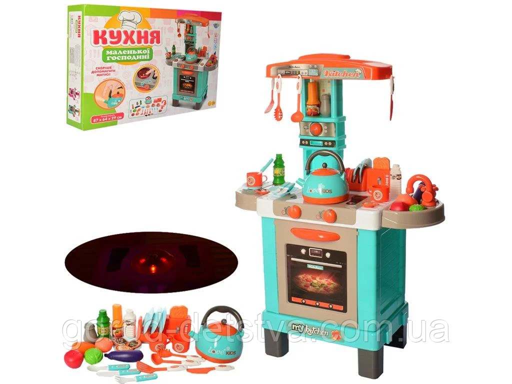Дитяча ігрова Кухня з Парою 008-939А Бірюзова Висота 87 см Світло, звук, посуд, продукти 53 предмета, фото 1