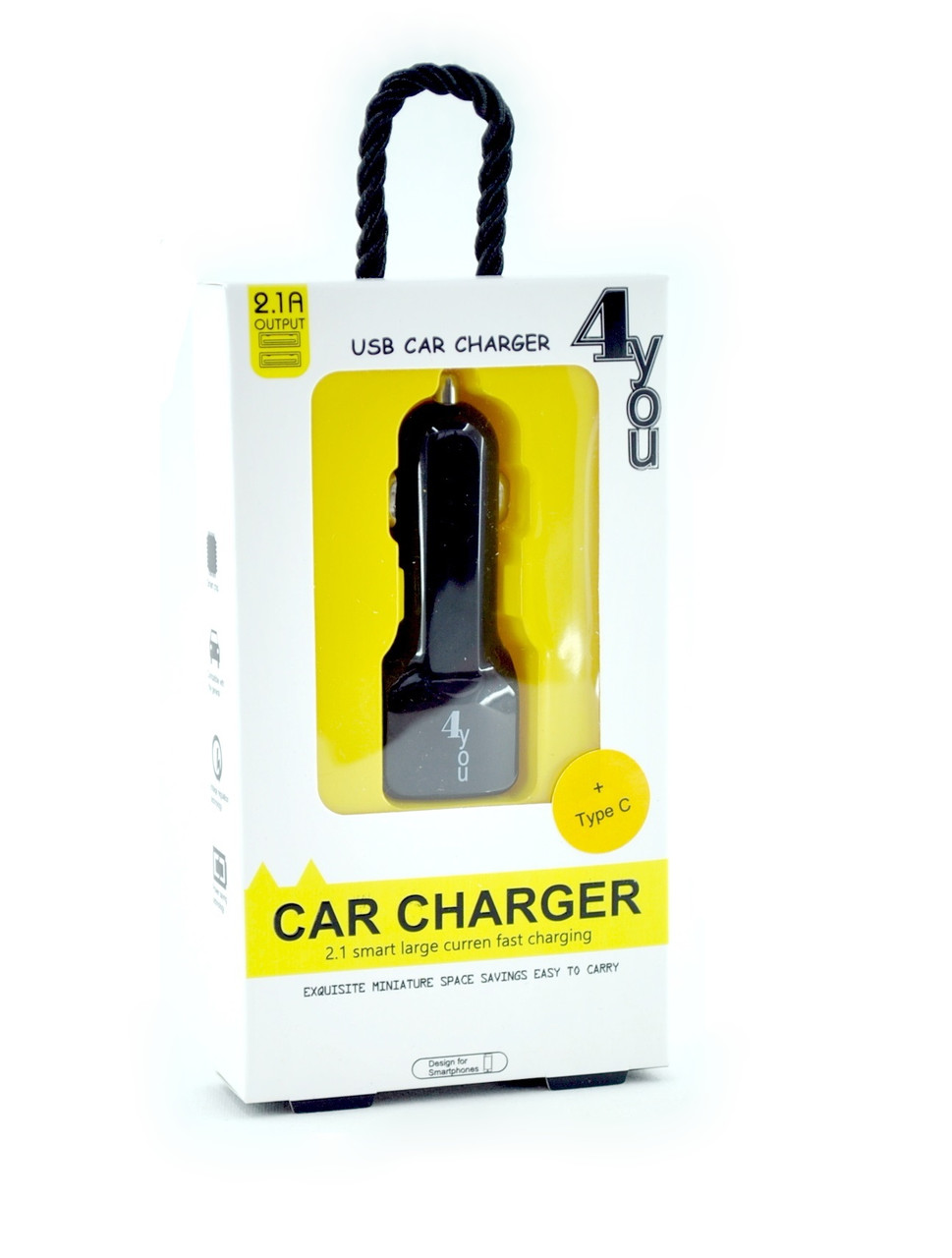 Автомобільний зарядний пристрій 4you B1 кабель Type C, 2,1А, 2 USB, чорний