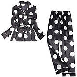 Піжама жіноча шовкова в стилі VS з довгим рукавом. Комплект атласний в горошок для сну, будинку (чорний), фото 2