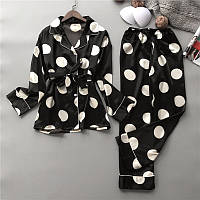 Піжама жіноча шовкова в стилі VS з довгим рукавом. Комплект атласний в горошок для сну, будинку (чорний)