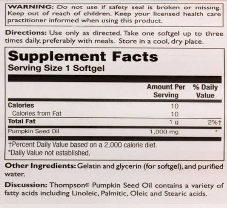 Олія насіння гарбуза Thompson Pumpkin Seed Oil 1000 мг 60 капс., фото 2
