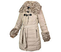 Пуховик пальто женский натуральный пух, натуральный мех, капюшон Mirage Бежевый Размер 46