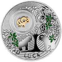 Срібна монета СЛОНИК 2014 серії «Монети на щастя» з елементом покритим 24К золотом "GOOD LUCK"