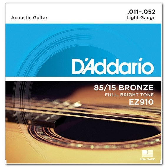 Струни для акустичної гітари d'addario EZ910 Bronze 85/15 Light Acoustic Guitar Strings 11/52