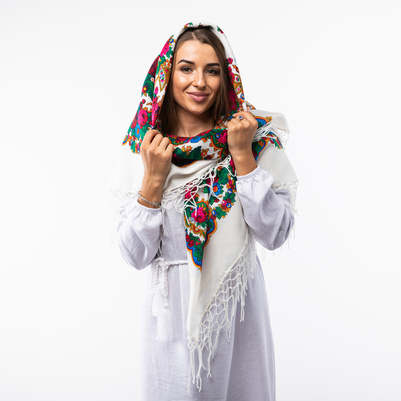 Українська хустка з тороками Мотиль 120х120см Біла, фото 1