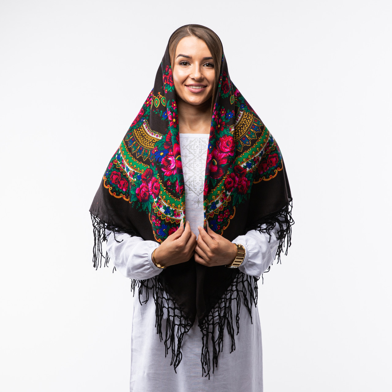 Українська хустка з тороками 120х120см Чорна