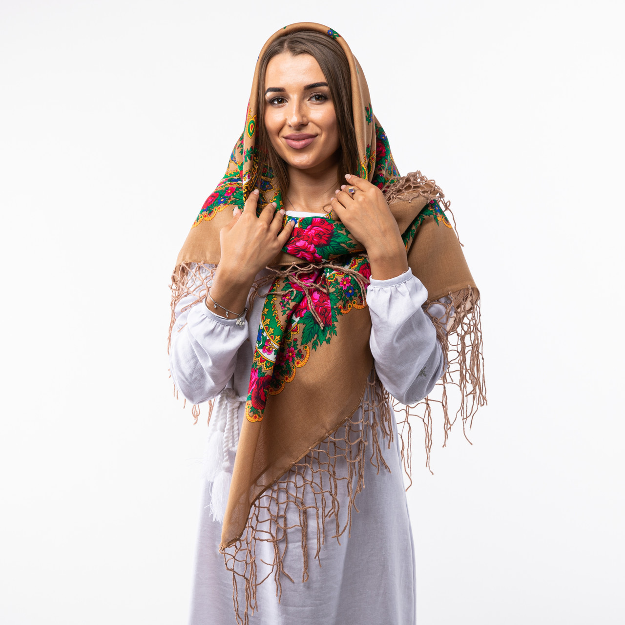 Українська хустка з тороками 120х120см Кавова