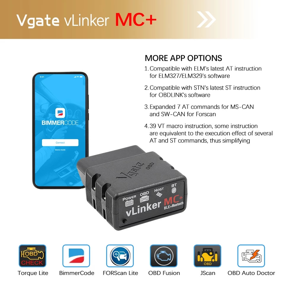 МУЛЬТІМАРОЧНИЙ ДІАГНОСТИЧНИЙ АВТОСКАНЕР Vgate vLinker MC+ ELM 327 V2.2 Bluetooth 3.0