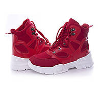 Красные высокие ботинки на шнуровке. 38(24см)