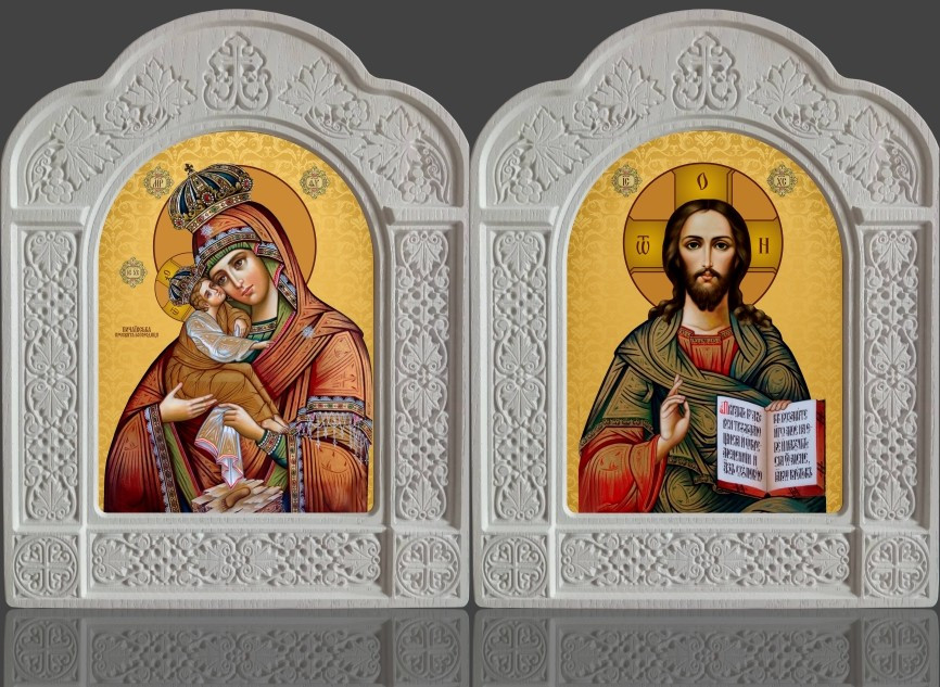 Пропонуємо ікони Пара Почаєвська в різьбленому кіоті з ясена 22х28см