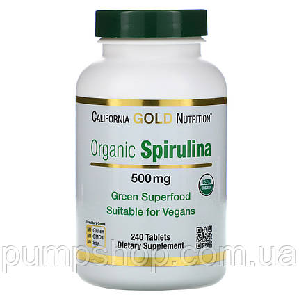 Спіруліна органічна California Gold Nutrition Organic Spirulina 500 мг 240 таб., фото 2