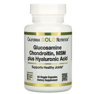 Для суглобів та зв'язок California Gold Nutrition Glucosamine Chondroitin MSM plus Hyaluronic Acid (60 капсул.), фото 1
