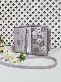 Сумка жіноча "КВАДРО" натуральна шкіра, сіро-бузкова з квітами