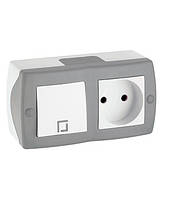 Вимикач одноклавішний + розетка з заземленням та кришкою, Mono Electric, OCTANS IP 20 (сірий)