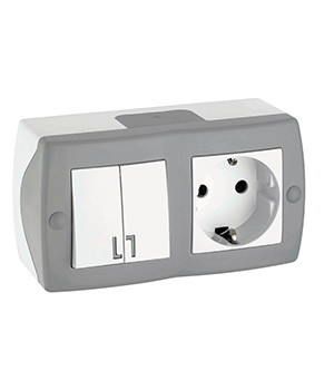 Вимикач двоклавішний + розетка з заземленням, Mono Electric, OCTANS IP 20 (сірий)