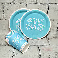 Набор одноразовой посуды для праздника на 5 персон, Baby Shower, голубая