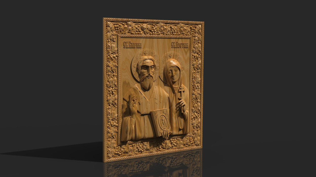 Святі мученики Кіпріан і Іустина, різьблена ікона з дерева