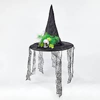 Шляпа Ведьмы, колпак колдуньи с гипюром "Череп и розы" аксессуар для карнавала Зеленый