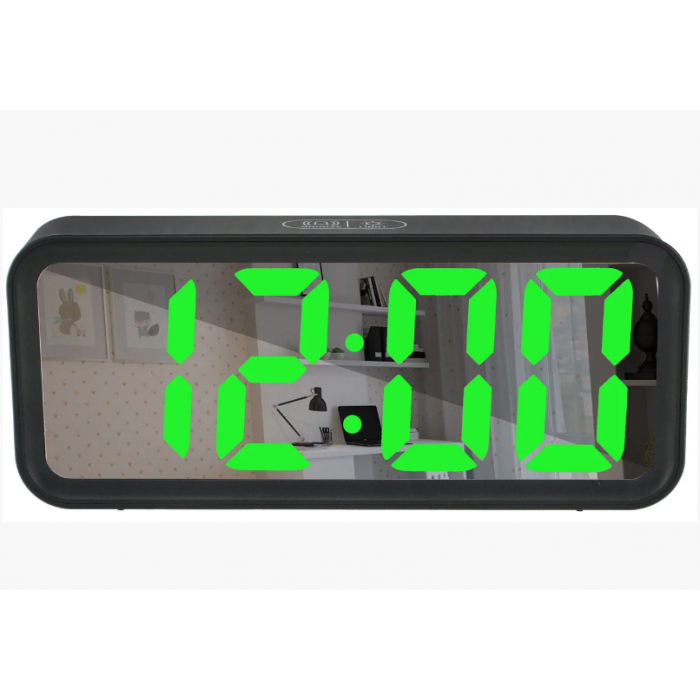Дзеркальний LED-годинник із будильником і термометром DT-6508 Чорний (зелена підсвітка)