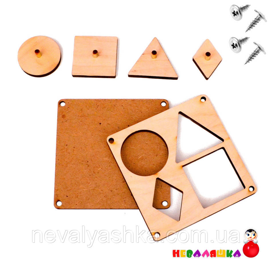 Заготовка для Бізіборду Рамка Вкладиш 4 Геометричні Фігури Геометричний Сортер з Фанери, фото 1
