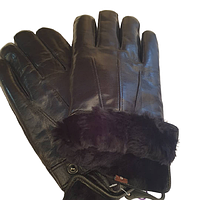 Перчатки кожаные мужские чёрные из лайковой кожи на натуральном меху с пояском