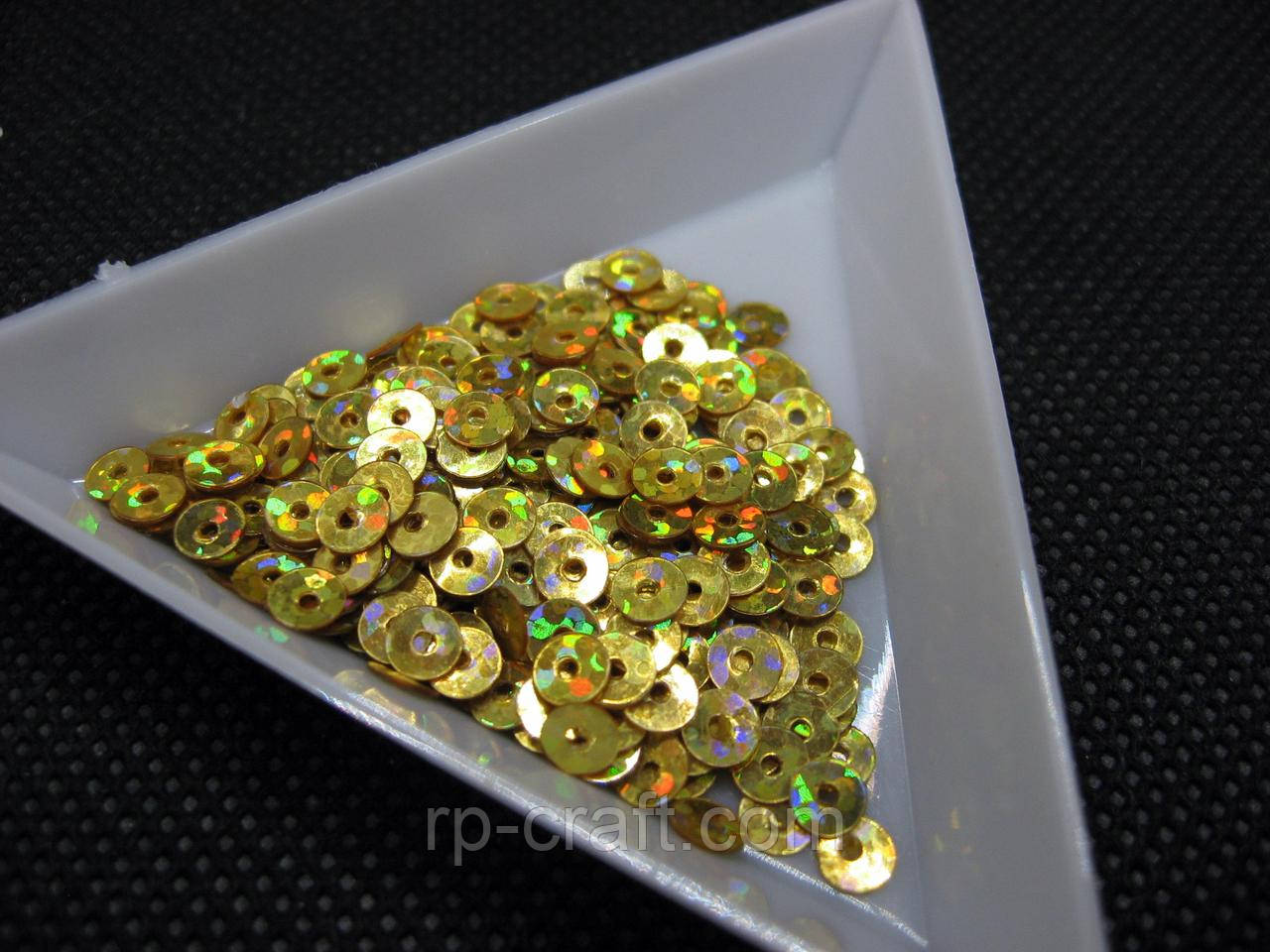 107. Упаковка паєток. Плоскі, круглі, голограма, 4 мм, 5 грам, золото, фото 1
