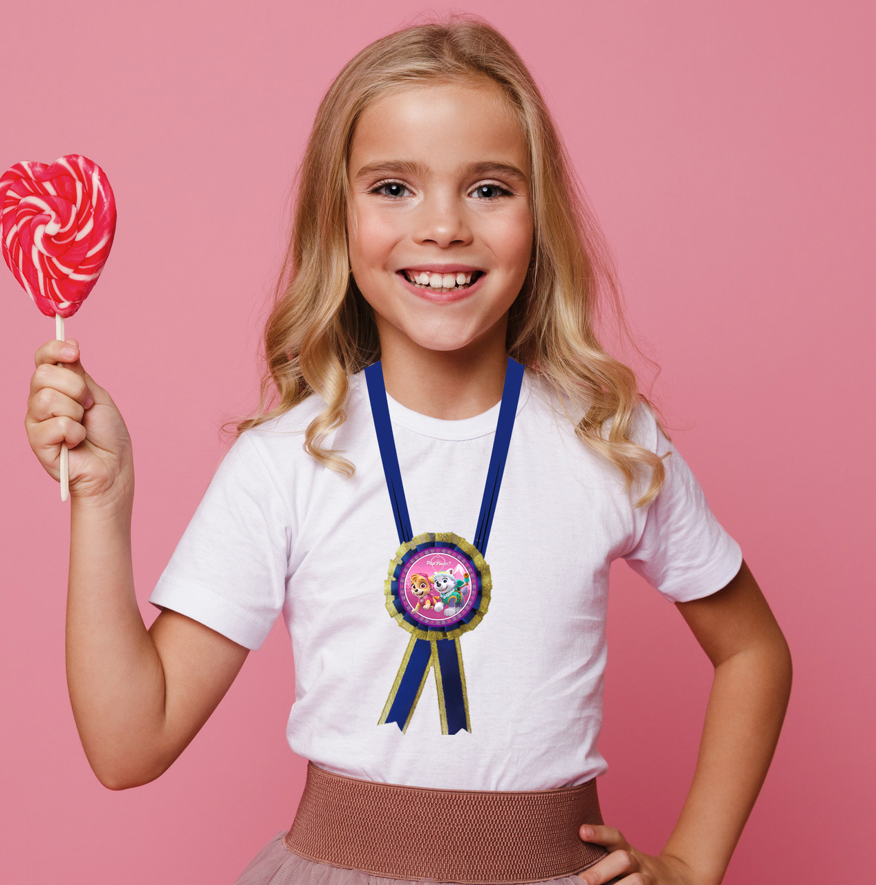 Медаль "Щенячий патруль" (2 героя Скай і Еверест рожевий фон). ДІАМЕТР З БАНТОМ: 85мм.