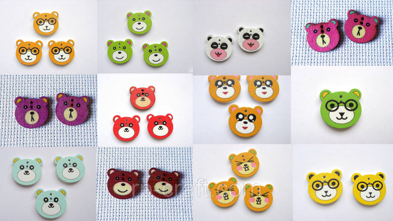 Гудзик дерев'яний, декоративний, голова ведмедика 19х21 мм., фото 1