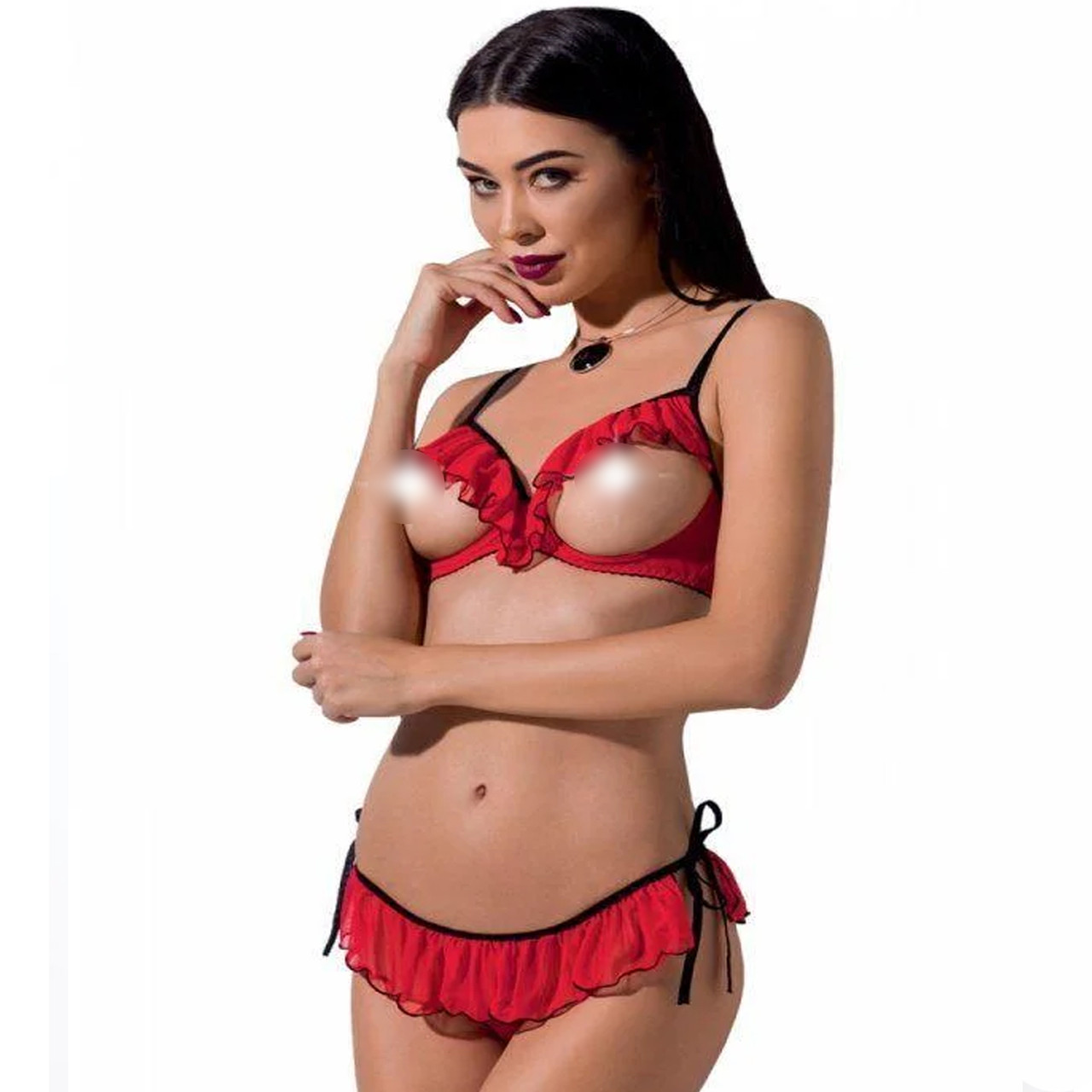 Комплект білизни CHERRY SET OpenBra red XXL/XXXL - Passion Exclusive: відкритий ліф, трусики-спідниця Feromon