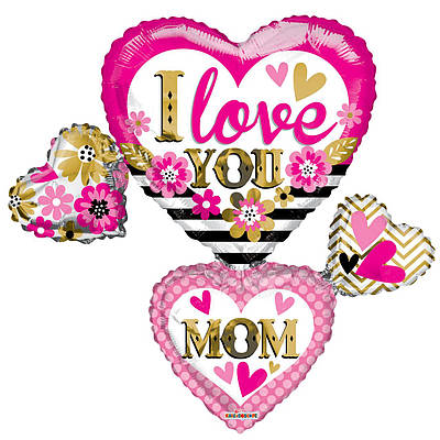 К 36" Love You Mom Cluster. Куля фольгована фігури сердець Я люблю тебе, мама