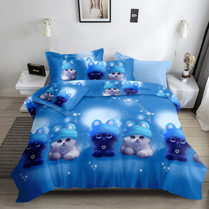 Двоспальний комплект (Ранфорс) | Постільна білизна від виробника "Королева Ночі" | Коти на блакитному