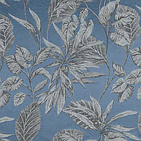 Жаккард ткань, шторы жаккард, портьерная ткань жаккард сатин с вискозой и льном Турция 305 листья голубой
