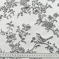 Плотная жаккардовая ткань с рисунком сатин ветки, птицы для обивки мебели св.серый
